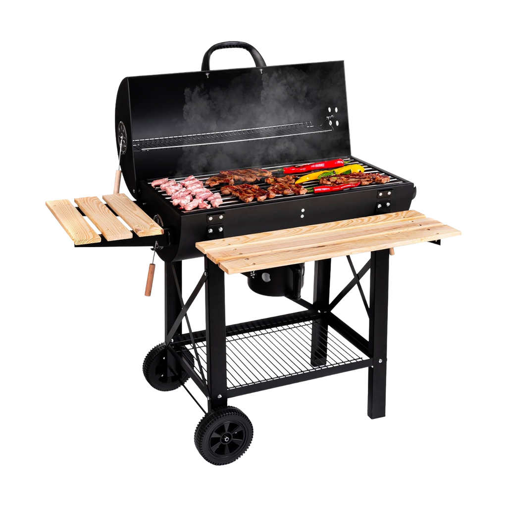 Barbecue à charbon XL avec couvercles et étagères bois