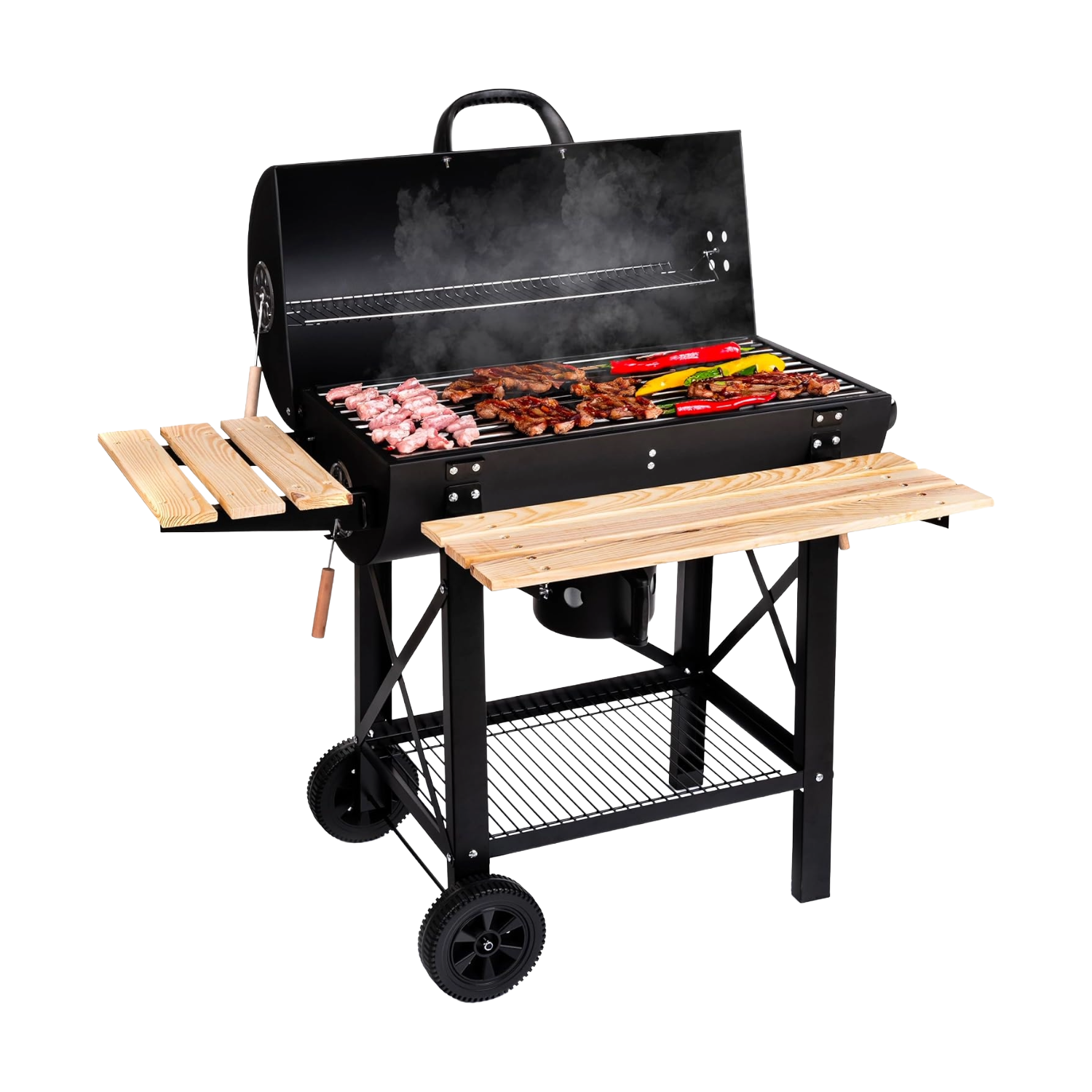 Barbecue à charbon XL avec couvercles et étagères bois