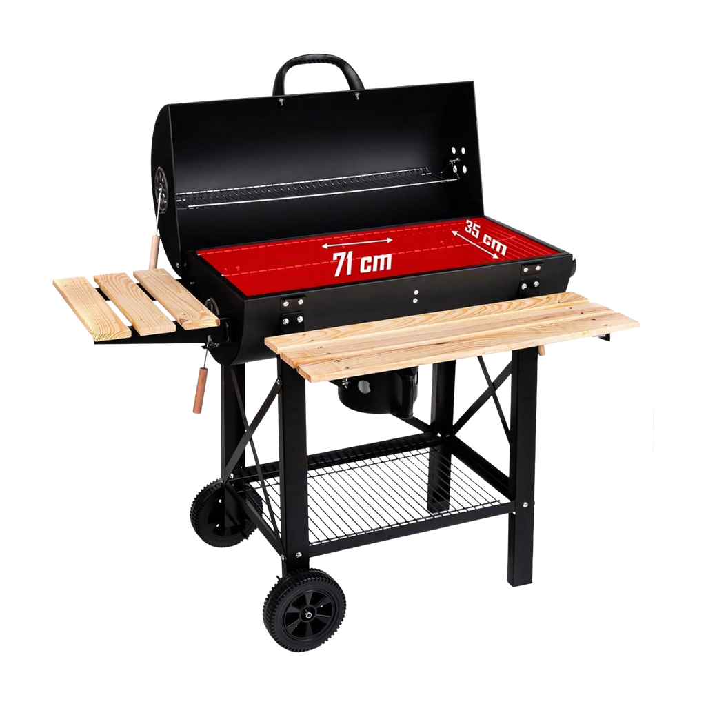 Barbecue à charbon XL avec couvercles et étagères bois