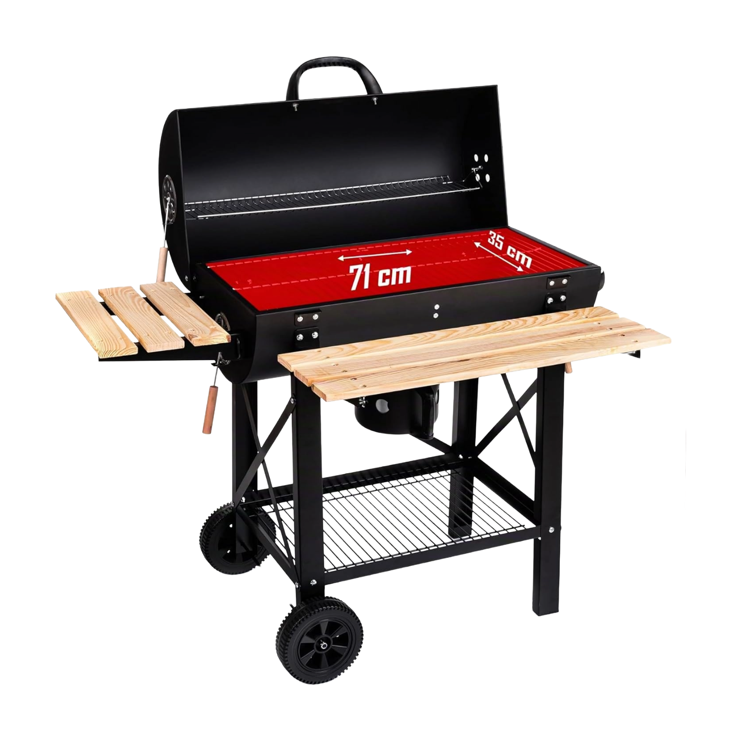 Barbecue à charbon XL avec couvercles et étagères bois