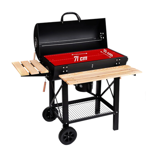 Barbecue à charbon XL avec couvercles et étagères bois