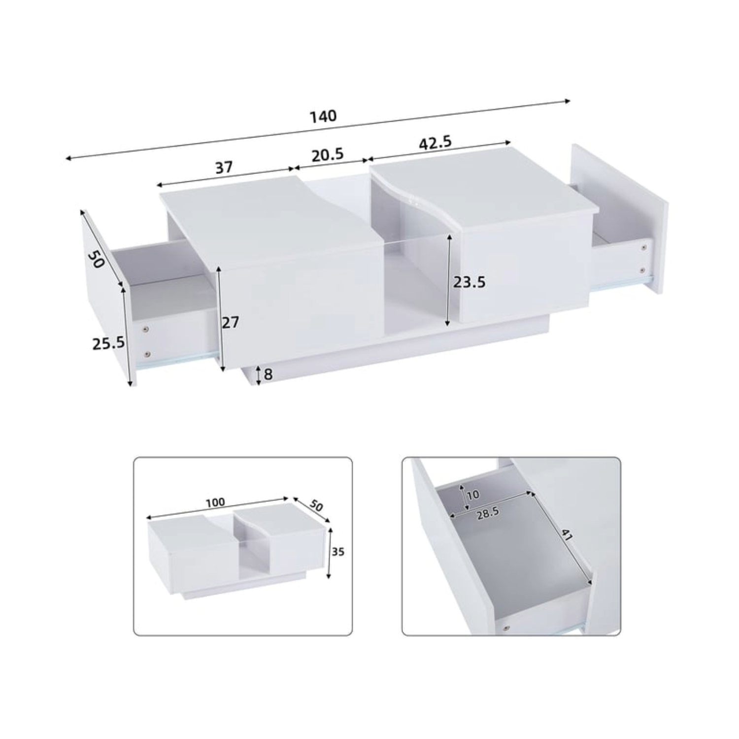 Table basse rectangulaire MERAX 100 à 140 cm Blanc