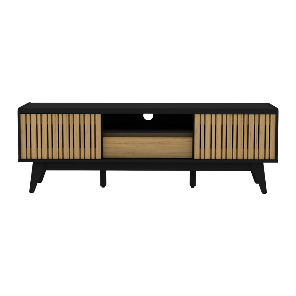 Meuble TV 150 cm Noir & Chêne avec porte coulissante