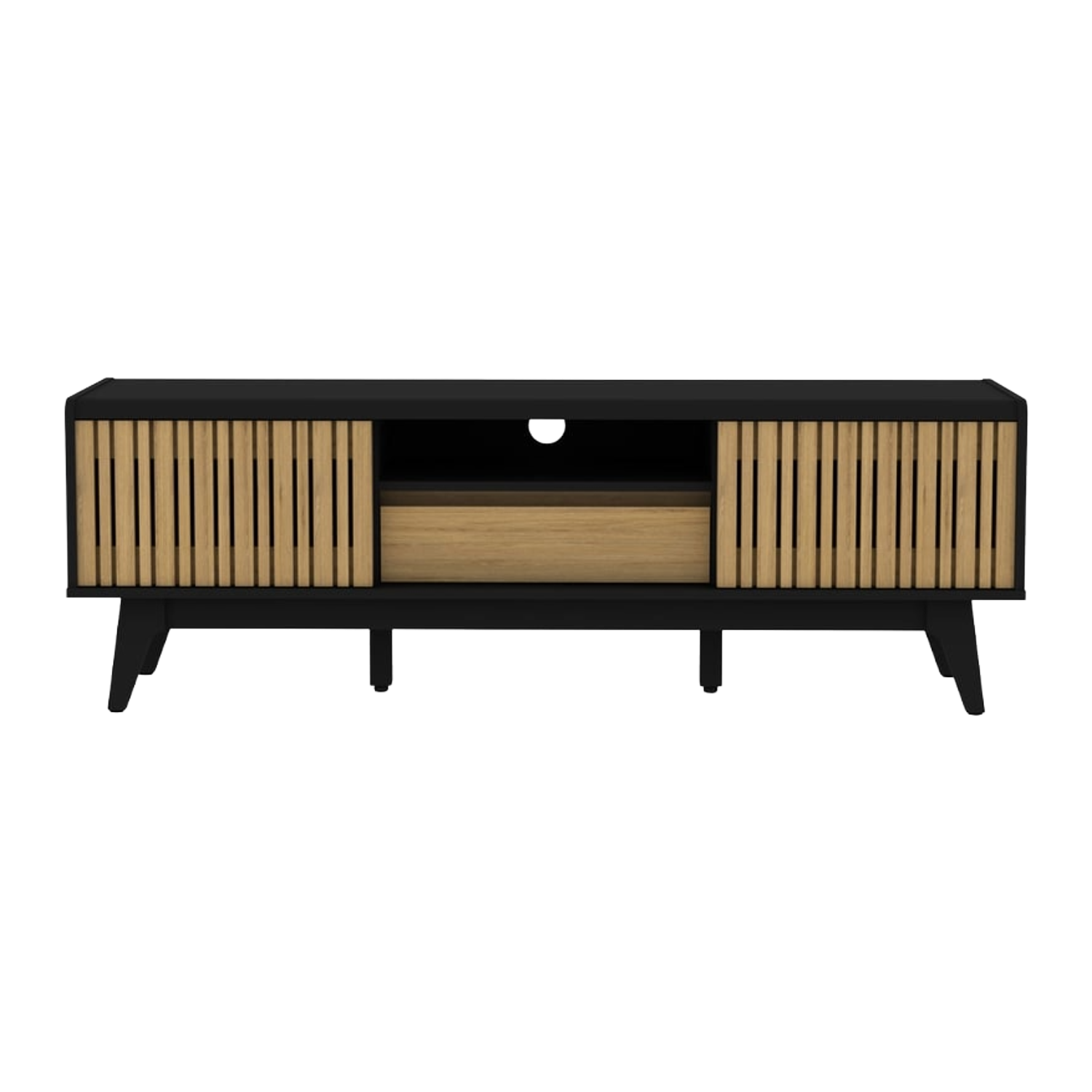 Meuble TV 150 cm Noir & Chêne avec porte coulissante