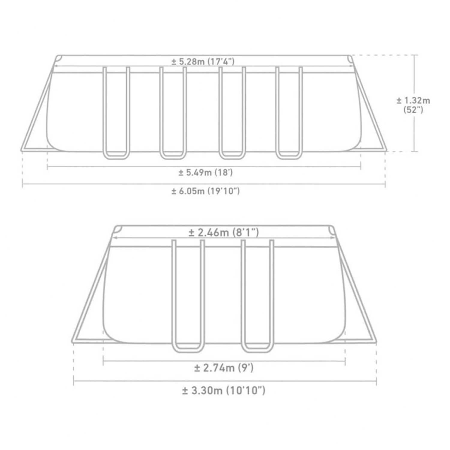 Piscine hors-sol rectangulaire gris foncé – 5,49 x 2,74 x 1,32 m