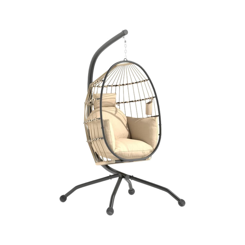 Fauteuil œuf suspendu pliable beige avec coussin