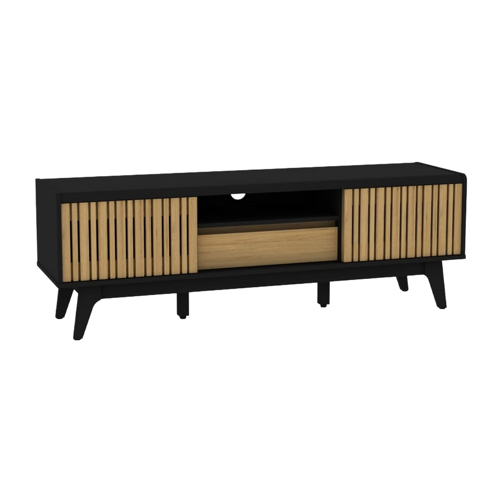 Meuble TV 150 cm Noir & Chêne avec porte coulissante