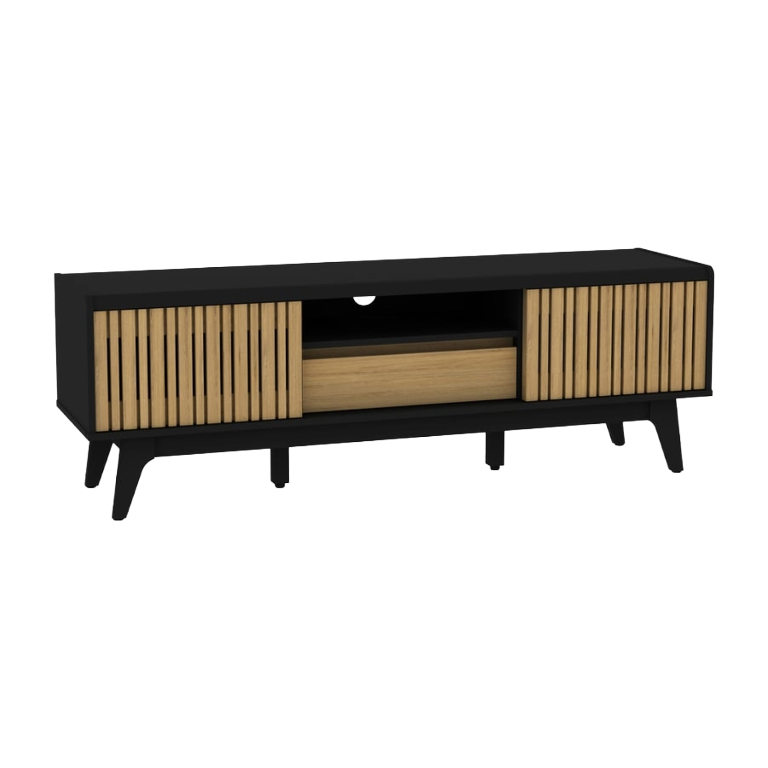 Meuble TV 150 cm Noir & Chêne avec porte coulissante