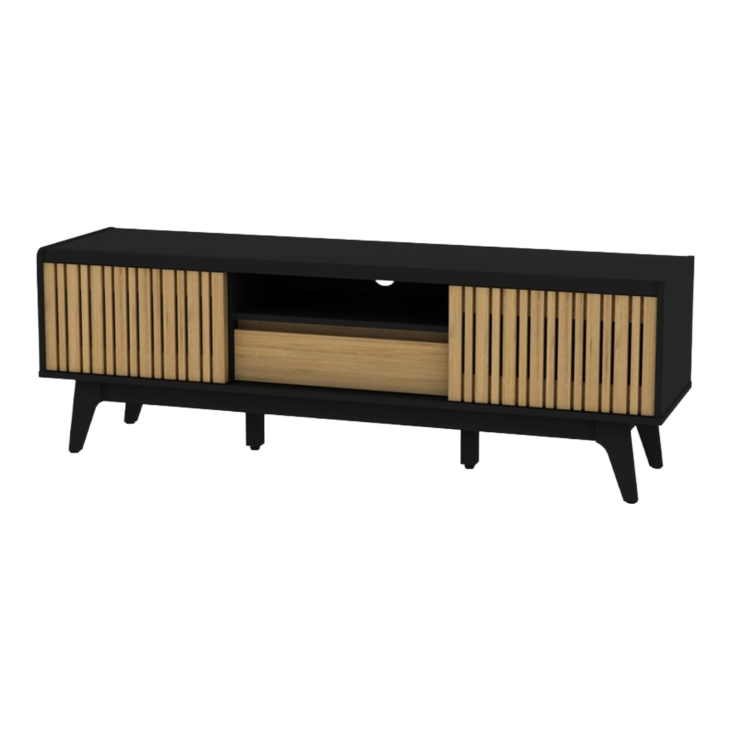Meuble TV 150 cm Noir & Chêne avec porte coulissante